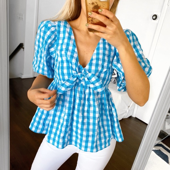 Lilly Pulitzer Tops - 🐬 LILLY PULITZER SARAFINA TURQUOISE OASIS CRINKLE GINGHAM SHORT SLEEVE TOP!